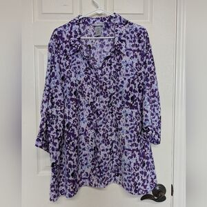 Catherines Womens 3XL Petite Purple Abstract Print Button Up Shirt Blouse Spring